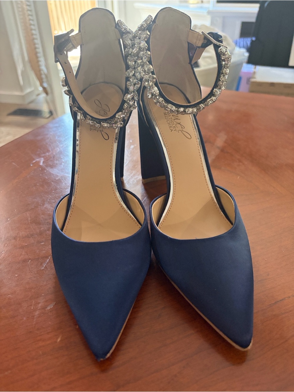 Jewel Badgley Mischka Blue Satin Pointed-Toe Heels with Crystal Ankle Straps